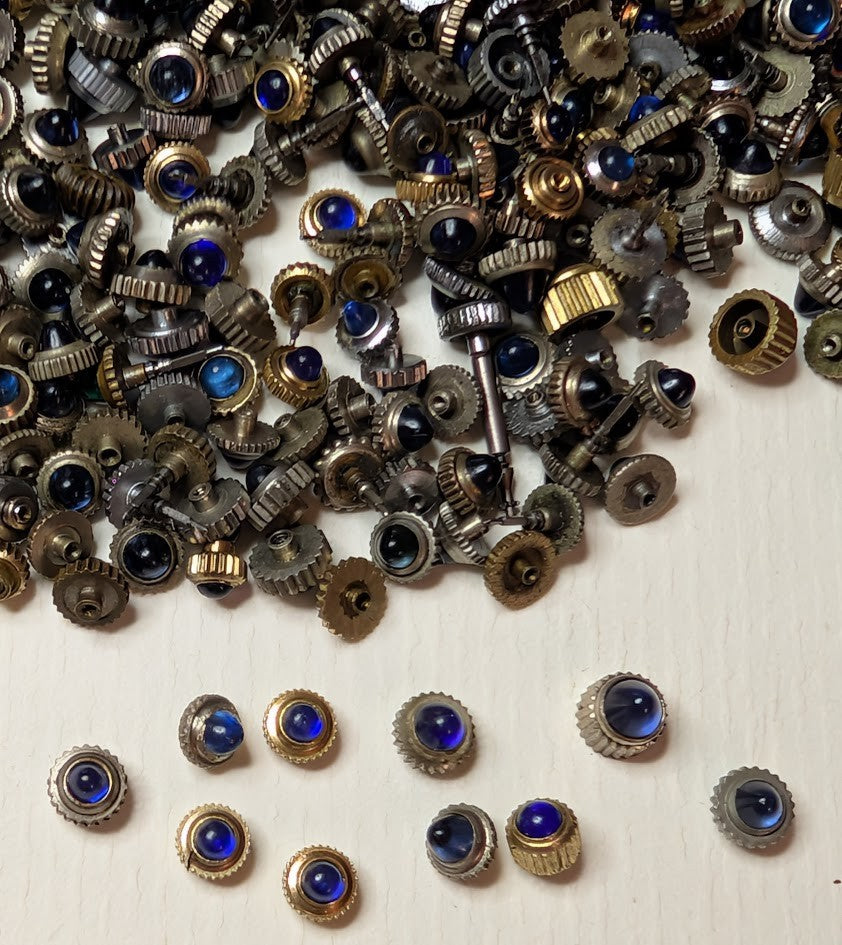 Lot of 10 Watch Crowns w/ Blue Cabochon Cap– Mixed Sizes – Vintage – Silver Tone1
