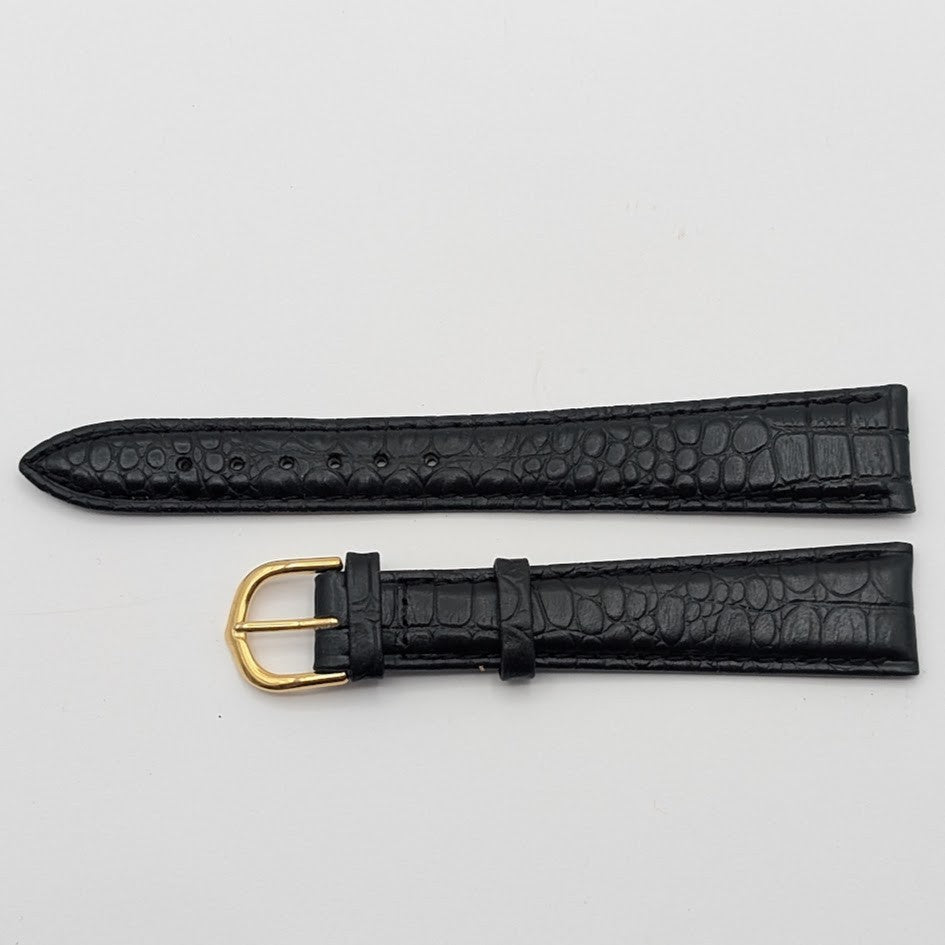 19mm Black Croco Grain Leather Watch Band NOS Gold Tone Buckle + Spring Bars1