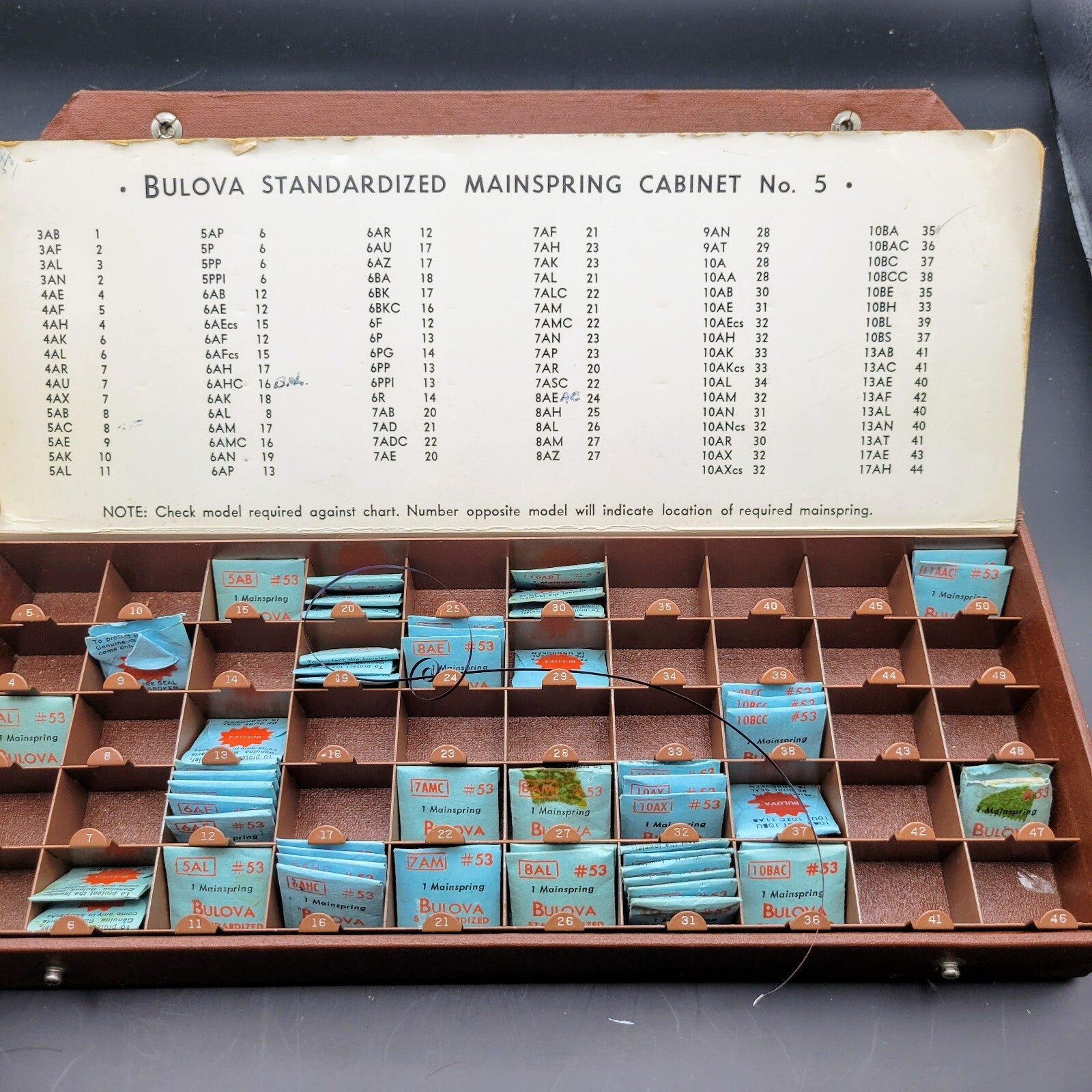 Bulova standardized mainspring cabinet with compartments and chart on a gray background