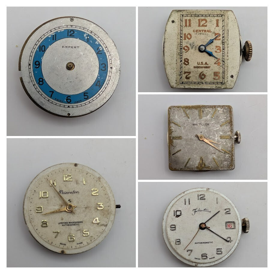 Vintage lot of 5 Mechanical Watch Movements for Parts  - Various Makers d0