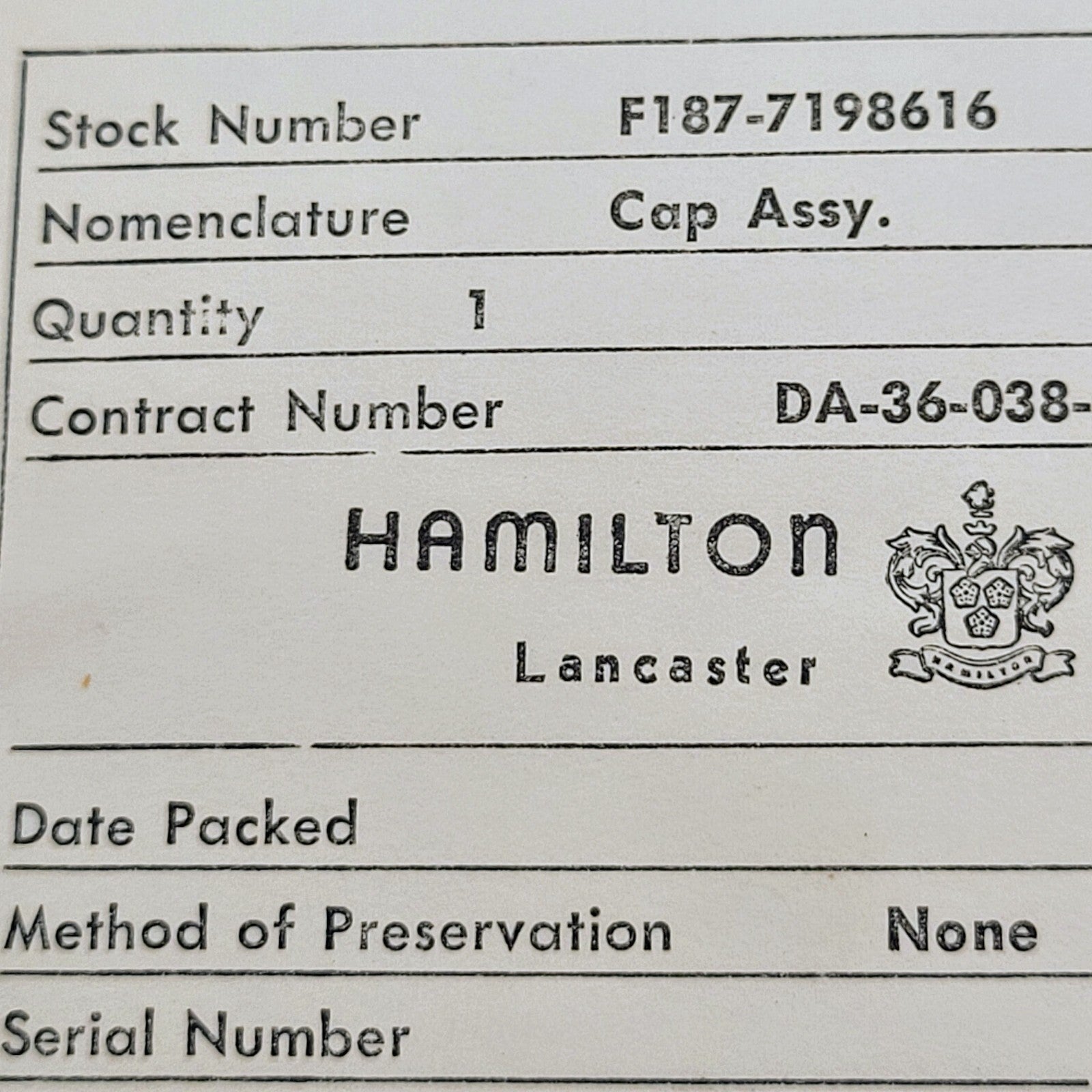 HAMILTON Watch NOS Cap Assembly 987A ORD MILITARY 19533