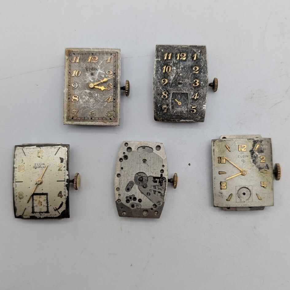 Vintage lot of 5 Mechanical Watch Movements for Parts  - Elgin Tank Style0