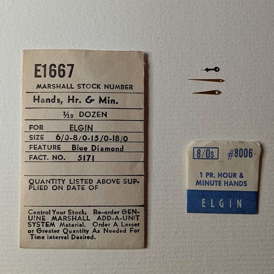 1 Pair Genuine Elgin #8006 Watch Hands Hour & Minute 6/0s Blue Diamond NOS0