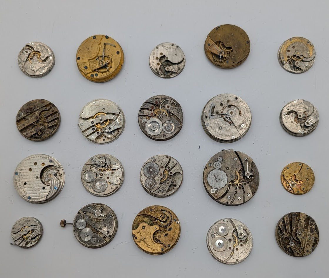 Lot of 20 Assortment of Untested Mechanical Pocket Watch Movements Parts/Repair0