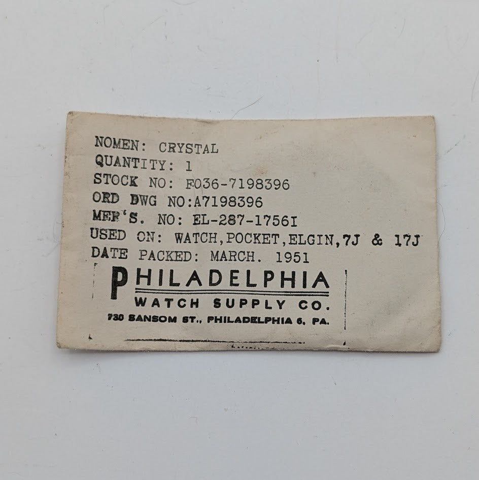 Vintage Elgin Pocket Watch Crystal 7J 17J Military Spec Philadelphia 19510