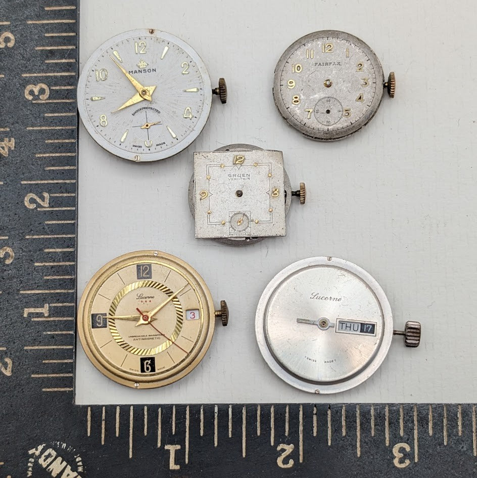Vintage lot of 5 Mechanical  Watch Movements for Parts  - Various Makers - Gruen0