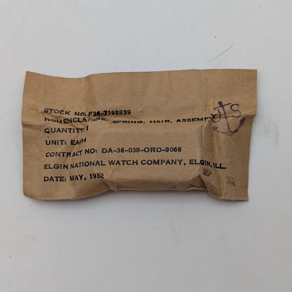 Elgin Watch Hair Spring Assembly  F36-7198839 DD-36-038-ORD-9065 Military 19520
