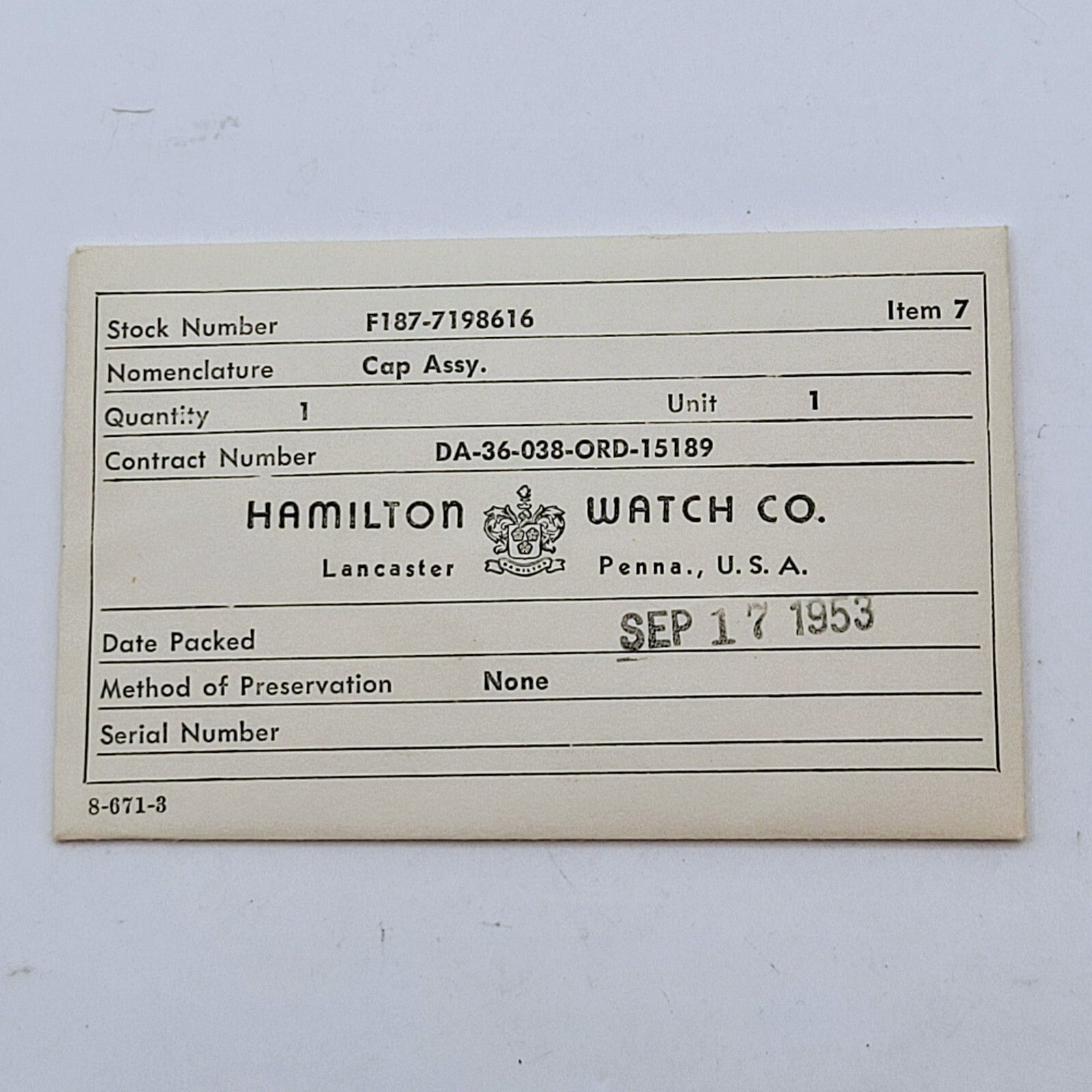 HAMILTON Watch NOS Cap Assembly 987A ORD MILITARY 19530