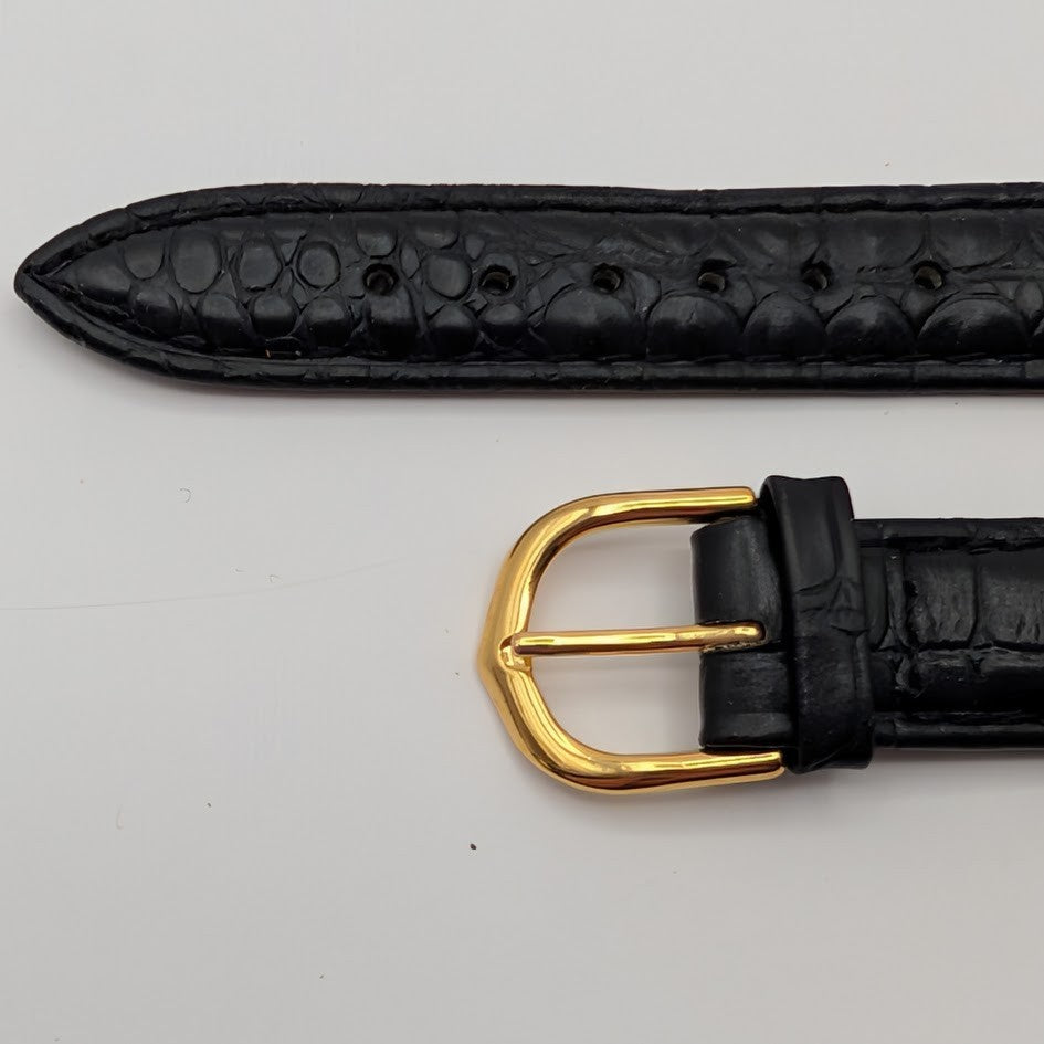 19mm Black Croco Grain Leather Watch Band NOS Gold Tone Buckle + Spring Bars3