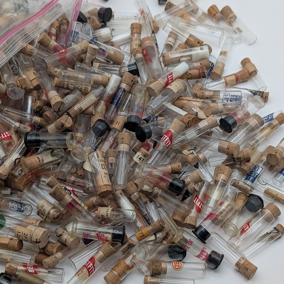 Lot of 100 Small Watch Parts Vials – Mixed Glass & Plastic w/ Cork/Cap0
