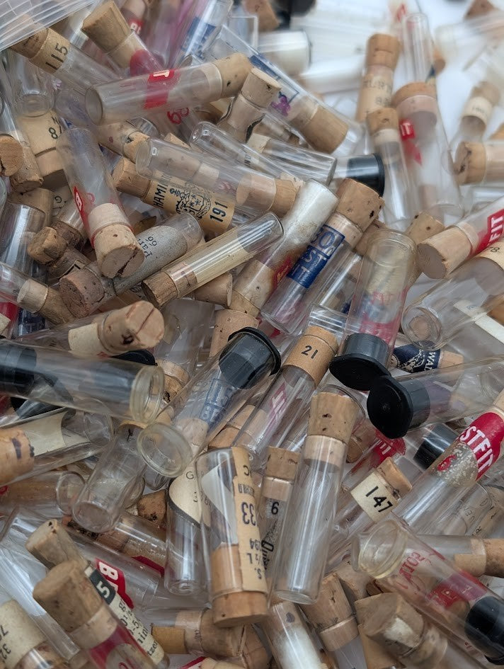 Lot of 100 Small Watch Parts Vials – Mixed Glass & Plastic w/ Cork/Cap1
