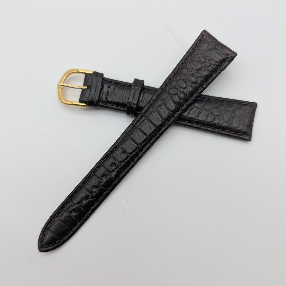 19mm Brown Croco Grain Leather Watch Band NOS Gold Tone Buckle + Spring Bars0