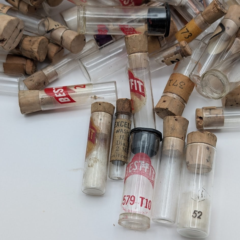 Lot of 100 Small Watch Parts Vials – Mixed Glass & Plastic w/ Cork/Cap3