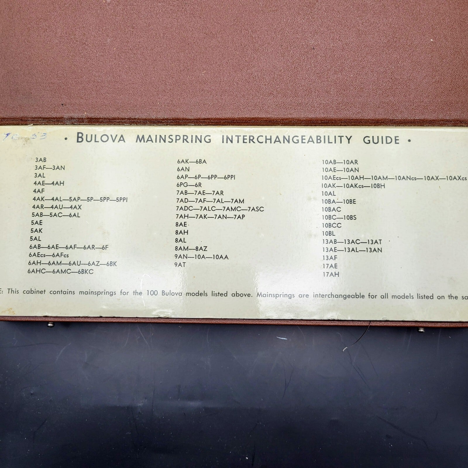 Bulova mainspring interchangeability guide on a wooden surface with a dark background