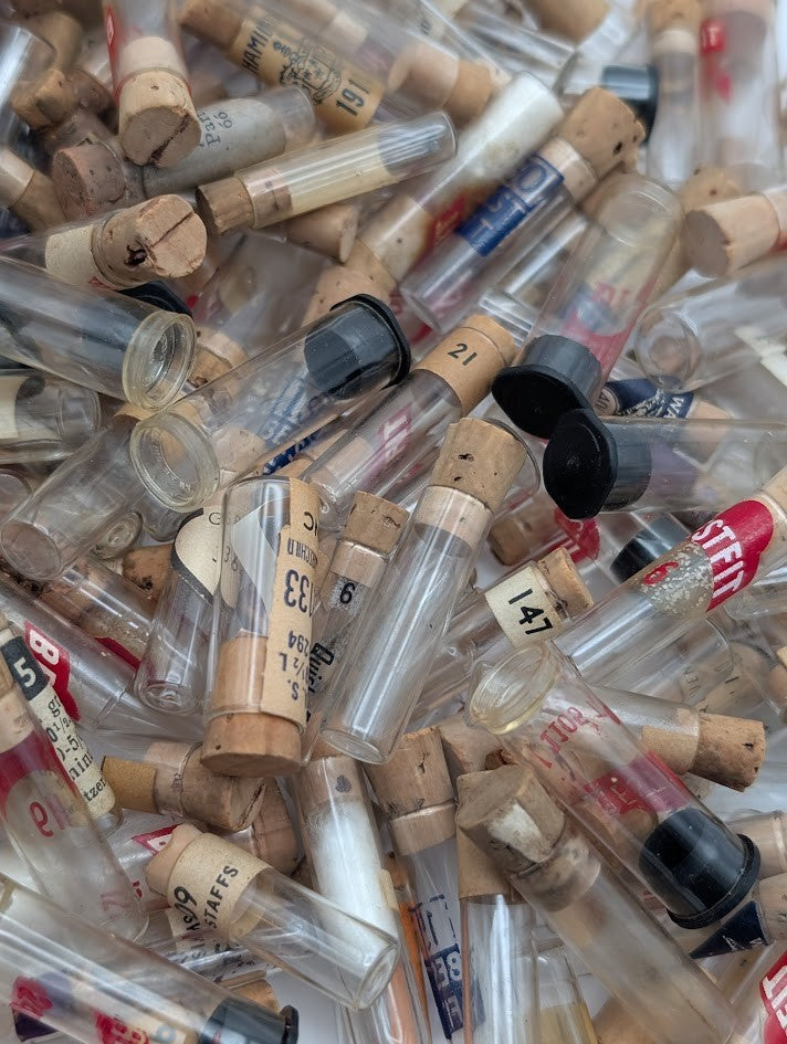 Lot of 100 Small Watch Parts Vials – Mixed Glass & Plastic w/ Cork/Cap2