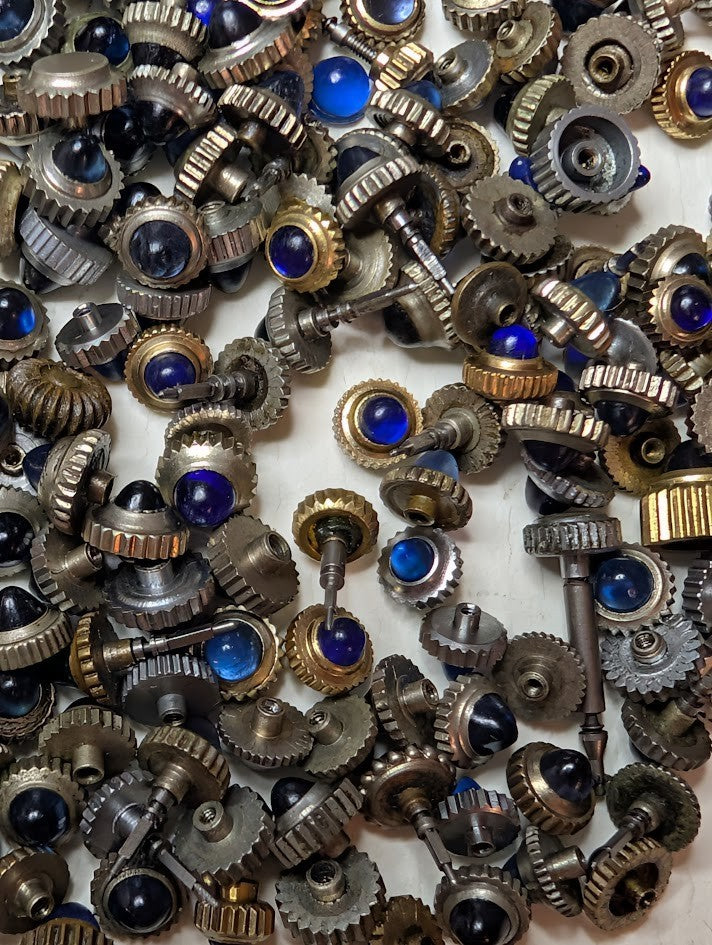 Lot of 10 Watch Crowns w/ Blue Cabochon Cap– Mixed Sizes – Vintage – Gold Tone0