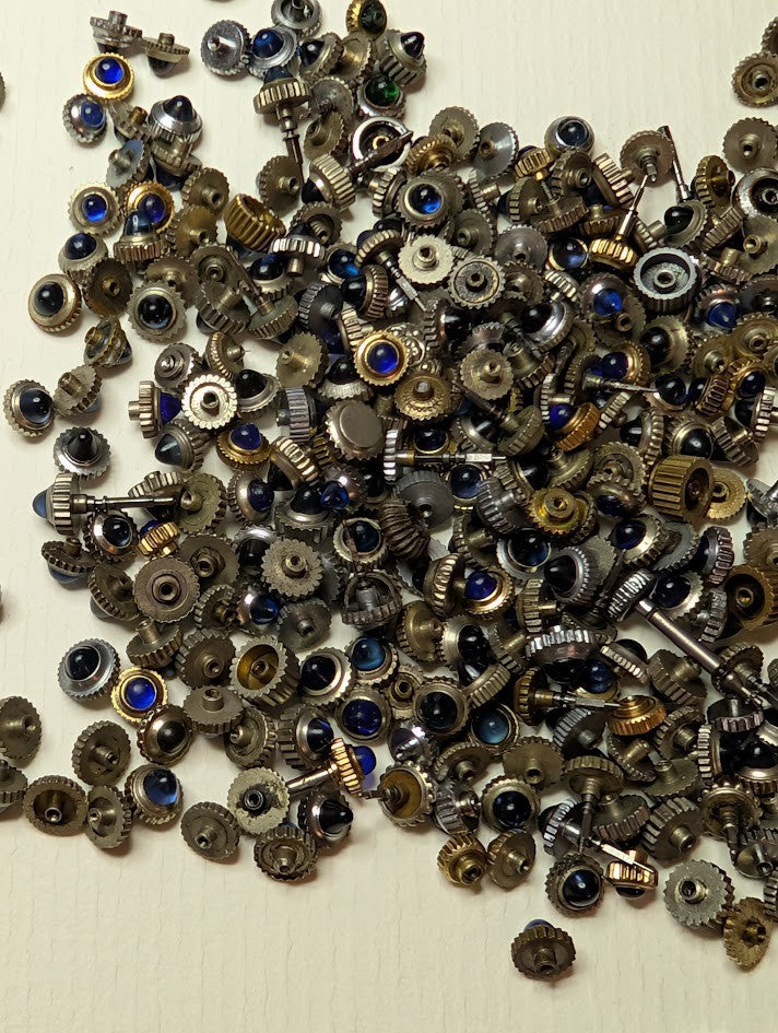 Lot of 10 Watch Crowns w/ Blue Cabochon Cap– Mixed Sizes – Vintage – Silver Tone2