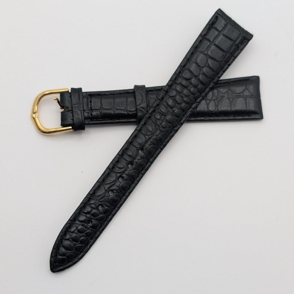 19mm Black Croco Grain Leather Watch Band NOS Gold Tone Buckle + Spring Bars0
