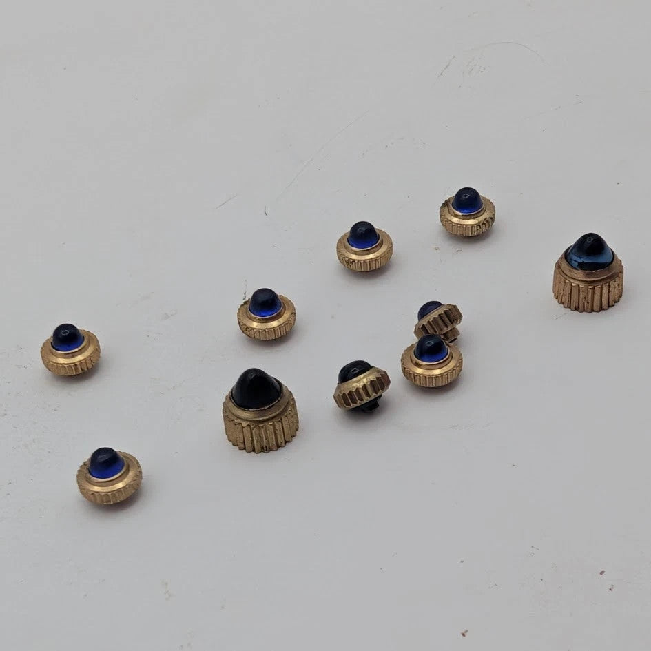 Lot of 10 Watch Crowns w/ Blue Cabochon Cap– Mixed Sizes – Vintage – Gold Tone1