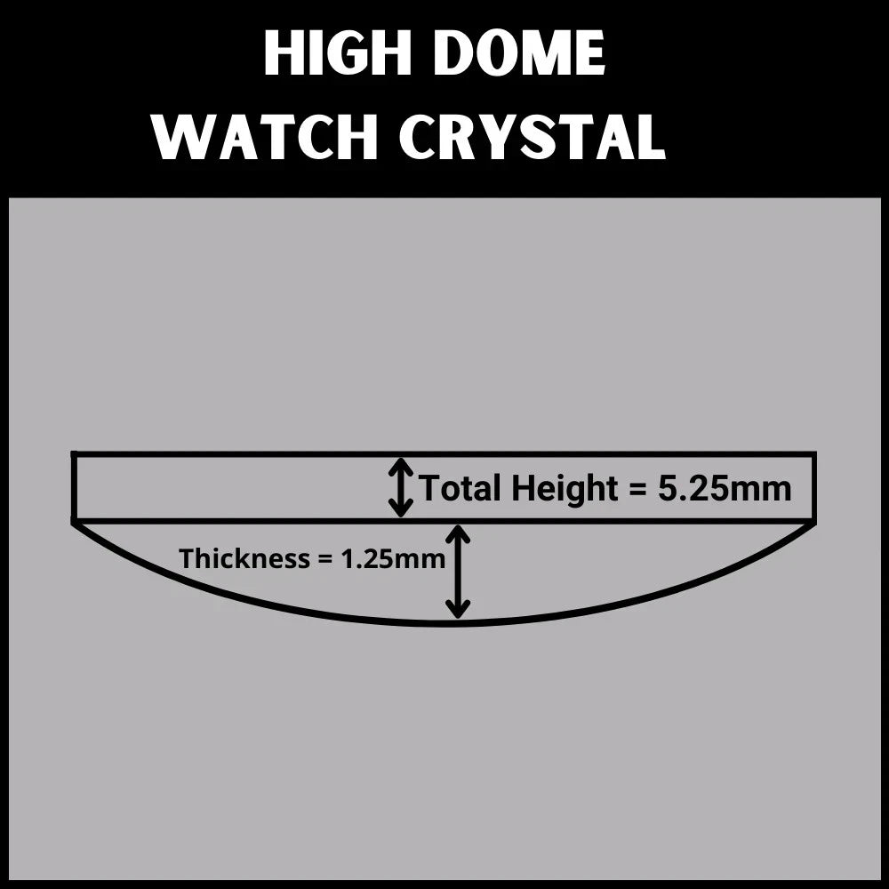 Diagram of a high dome watch crystal with measurements on a gray background