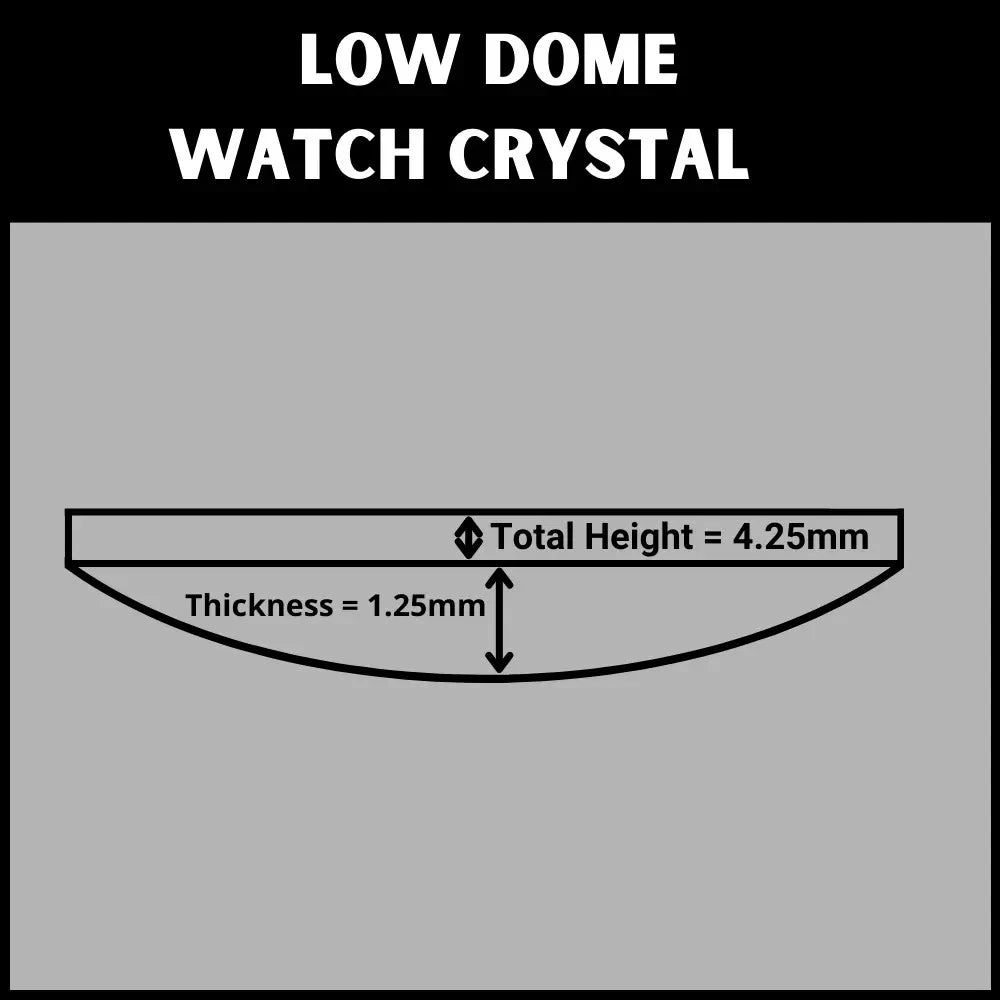 Diagram of a low dome watch crystal with measurements on a gray background